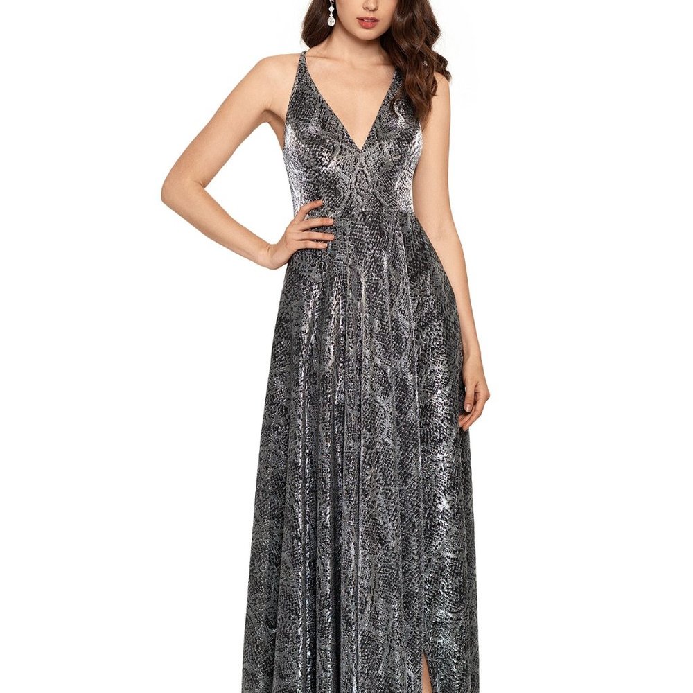 Betsy & Adam Metallic Python-Print Ball Gown
